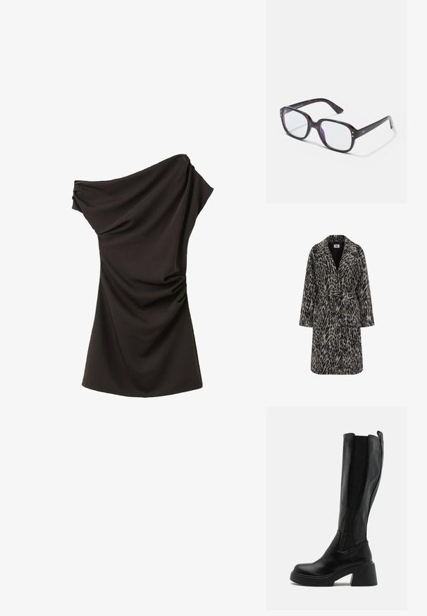 Luipaardprintjas in gedempt beige en zwart. Kenmerkt zich door een ingezette kraag, lange mouwen, een riem op de taille en een knopenfrontsluiting.; Zwarte one-shoulder jurk met een asymmetrische halslijn en geplooide drapering aan de zijkant, knie-lengte, gladde stof.; Zwart laarzen tot aan de knie met een gladde leren afwerking, elastische zijpanelen en een stevige, gelaagde hak. Minimalistisch ontwerp zonder patronen.; Kameel-schildpad rechthoekige brillen met heldere glazen, voorzien van stevige monturen, gouden accenten en een strakke uitstraling.