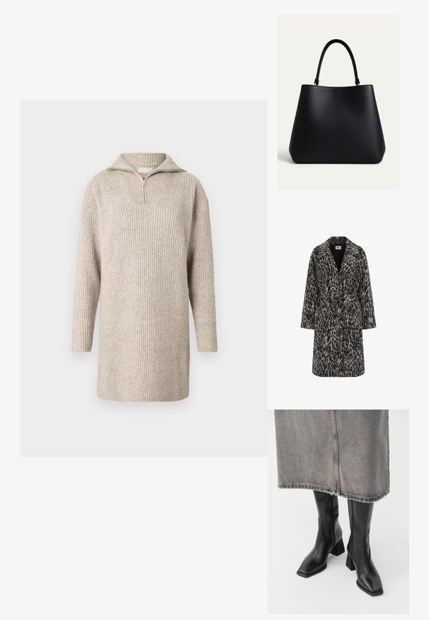 Luipaardprintjas in gedempt beige en zwart. Kenmerkt zich door een ingezette kraag, lange mouwen, een riem op de taille en een knopenfrontsluiting.; Gebreide sweaterjurk in lichtbeige met een halve rits kraag, geribbelde textuur, lange mouwen en een losse pasvorm, ideaal om in laagjes te dragen.; Zwarte laarzen tot de knie van soepel leer met een vierkante neus en blokhak. Draag ze met een grijze denim rok met een rafelige zoom.; Zwarte leren handtas met een afgeronde trapeziumvorm en een enkele gebogen schouderband, afgebeeld tegen een effen lichte achtergrond.