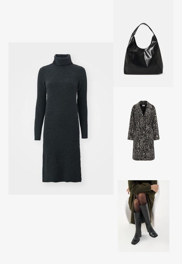 Abrigo de estampado de leopardo en un beige suave y negro. Presenta un cuello de muesca, mangas largas, cinturón en la cintura y cierre frontal de botones.; Un vestido suéter de punto suave en gris oscuro, con mangas largas y una silueta ajustada que llega a la mitad de la pantorrilla.; Botas de cuero negro hasta la rodilla con puntera cuadrada y tacón de bloque, presentadas con un modelo sentado en un abrigo verde oliva. Textura suave, mínimo detalle.; Bolso hobo de cuero negro con una textura suave y brillante y un diseño de parte superior redondeada y abierta. Cuenta con una amplia correa curvada para llevar. Sin hardware visible.