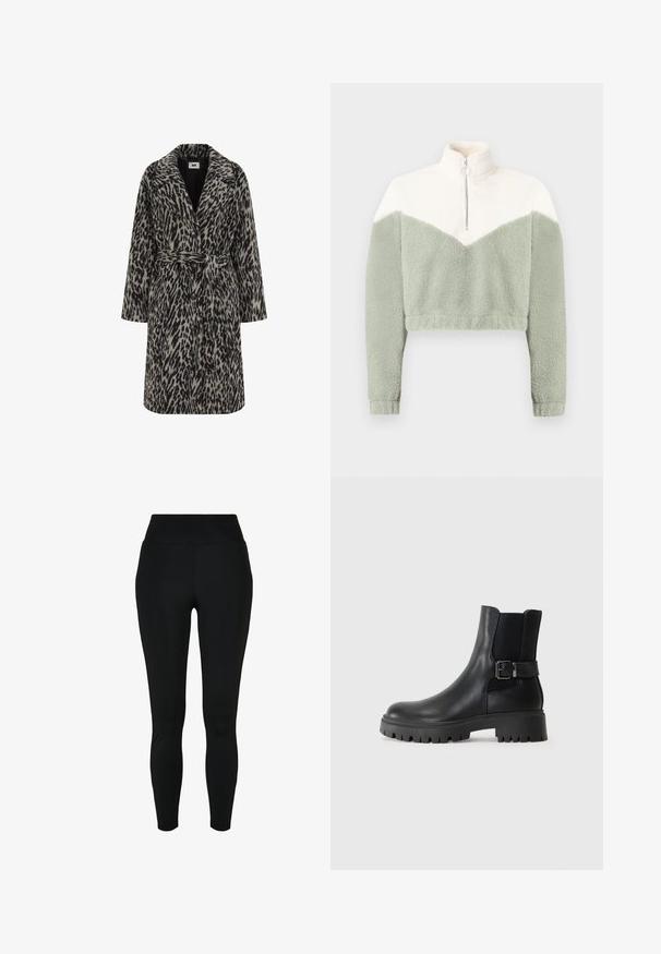 Abrigo de estampado de leopardo en un beige suave y negro. Presenta un cuello de muesca, mangas largas, cinturón en la cintura y cierre frontal de botones.; Chaqueta corta de forro polar con cuello de media cremallera en colores crema y verde claro, con un diseño de chevron y tejido suave y texturizado.; Leggings negros con una textura suave, cintura alta y diseño ajustado. Fabricados con material elástico, sin costuras visibles ni adornos.; Botas de cuero negras hasta el tobillo con paneles laterales elásticos, acento de hebilla y suela gruesa con un relieve profundo para mayor agarre. Acabado suave con textura mate.