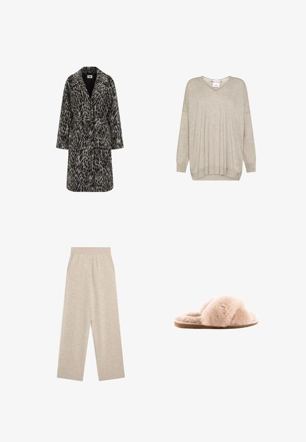 Leopardenmuster-Mantel in muted Beige und Schwarz. Mit einem eingekerbten Kragen, langen Ärmeln, einem Gürtel in der Taille und einer knopfartigen Vorderseite.; Hellbeiger langärmliger Strickpullover mit V-Ausschnitt und gerippten Bündchen und Saum, mit leicht lockerem Sitz und eingesetzten Schulternähten.; Beige Strickhose mit weitem Bein, elastischem Bund und seitlichen Taschen, mit vertikalen Nahtdetails an der Vorderseite jedes Beins.; Flauschige hellbeige Hausschuhe mit überkreuzten Riemen, aus weichem Material auf einer flachen, hellbraunen Gummisohle. Weicher Stoff überall.