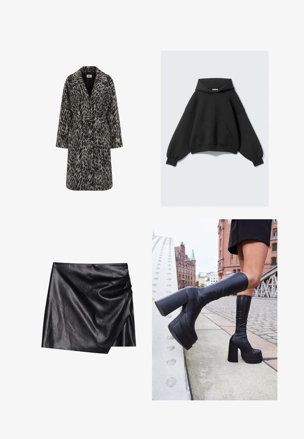 Manteau en imprimé léopard dans des tons de beige et noir doux. Doté d'un col en V, de manches longues, d'une ceinture à la taille et d'une fermeture à boutons sur le devant.; Sweat à capuche noir à coupe ample, manches longues et poche avant. Fabriqué en tissu doux avec une texture lisse.; Jupe mini en cuir noir avec un design portefeuille, affichant une texture douce et lisse ainsi que des détails de drapés subtils sur un côté.; Bottes noires à plateforme montantes en cuir lisse, avec des talons carrés épais et un design élégant, le tout sur fond urbain.