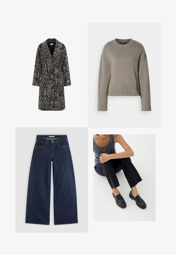 Leopardenmuster-Mantel in muted Beige und Schwarz. Mit einem eingekerbten Kragen, langen Ärmeln, einem Gürtel in der Taille und einer knopfartigen Vorderseite.; Hellgrauer, kurz geschnittener Pullover mit rundem Ausschnitt, überschnittenen Schultern und gerippten Ärmelbündchen sowie Saum. Weiche Textur, schlichtes Design.; Dunkelblaue Jeans mit weitem Bein, vorderen Taschen, Gürtelschlaufen und Knopfverschluss, flach auf hellem Hintergrund dargestellt.; Schwarze Leder-Loafer mit strukturierten Akzenten, niedrigem Absatz, rundem Zehenbereich und sichtbarer Naht. Das Modell trägt dunkle Hosen und ein graues Oberteil.