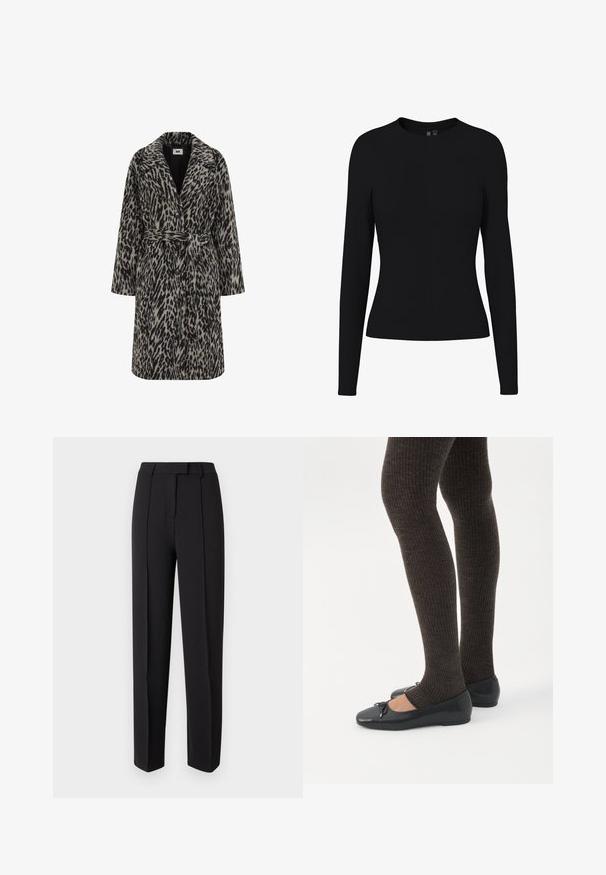 Leopardprint frakke i dæmpet beige og sort. Har et notch-krave, lange ærmer, bælte i taljen og knaplukning foran.; Sort langærmet tætsiddende damebluse med rund halsudskæring, glat stof og uden synlige mønstre eller pynt.; Sorte skræddersyede bukser med en glat tekstur, der har en lige pasform, bæltestropper og to forreste plisseringer for ekstra detalje.; Ben iført mørke ribbede leggings kombineret med sorte balletsko med små sløjfedetaljer på hvid baggrund.