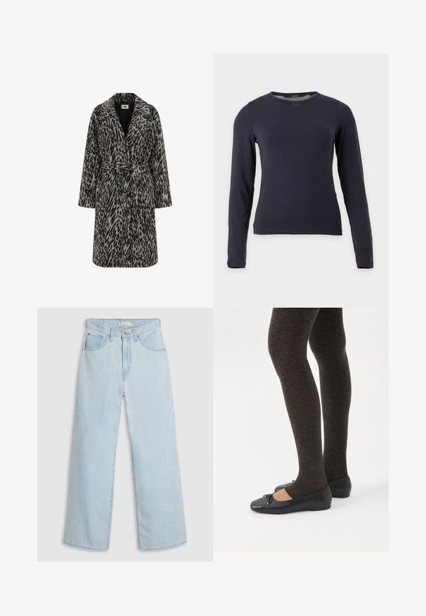 Luipaardprintjas in gedempt beige en zwart. Kenmerkt zich door een ingezette kraag, lange mouwen, een riem op de taille en een knopenfrontsluiting.; Effen donker marineblauw shirt met lange mouwen en ronde hals met aangesloten pasvorm op een witte achtergrond.; Lichtblauwe, wijde denim jeans met een hoge taille, voorzien van een knoop- en ritssluiting, dubbele voorzakken en subtiele stikseldetails.; Benen met donkere geribbelde leggings gecombineerd met zwarte ballerina's met kleine strikdetails op een witte achtergrond.