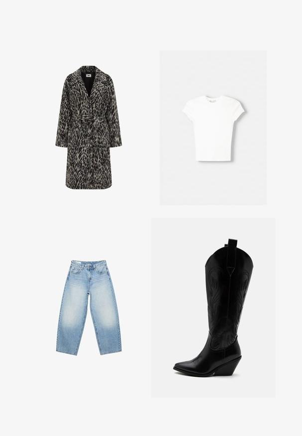 Leopardprint frakke i dæmpet beige og sort. Har et notch-krave, lange ærmer, bælte i taljen og knaplukning foran.; Hvid kortærmet t-shirt lavet af blød bomuld, med rund halsudskæring og en tætsiddende form. Ingen synlige mønstre eller udsmykninger.; Højtaljede, lyseblå vidde jeans med frontlommer, bæltestropper og falmede områder på lårene.; Sort læder cowboystøvle med spidst tåparti, skråt blokhælhæl, dekorative sømme og trækstropper øverst mod hvid baggrund.
