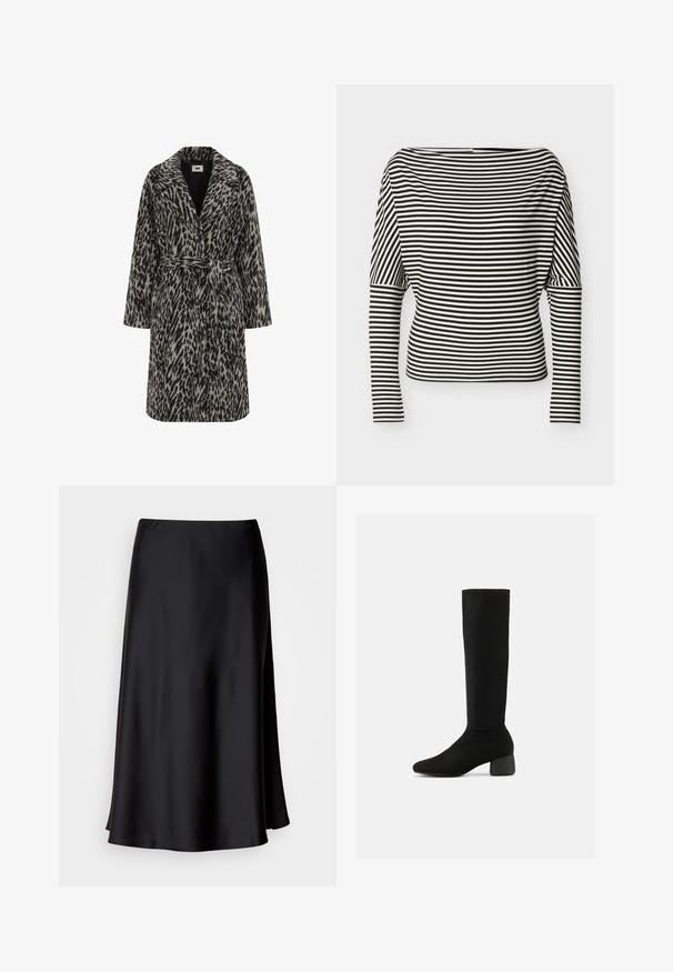 Leopardprint frakke i dæmpet beige og sort. Har et notch-krave, lange ærmer, bælte i taljen og knaplukning foran.; Sort-hvid, vandret striped langærmet top med bådudskæring og tætsiddende ærmer på en ensfarvet baggrund.; Sort satin midi-nederdel med glat tekstur, elastisk taljebånd og en diskret A-formet silhuet med en sideslids.; Sort knæhøj støvle med strækmateriale, rundet blokhæl og en let spids tå, set fra siden mod en hvid baggrund.