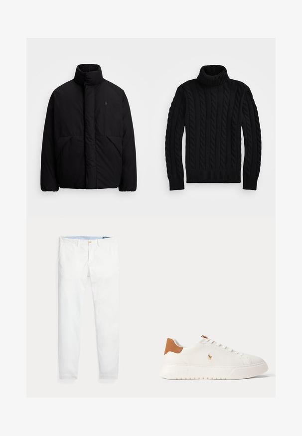 Chaqueta acolchada negra con un cuello alto, de diseño minimalista, dos bolsillos frontales y un pequeño logo en el pecho. Textura suave.; Jersey de cuello alto negro con un patrón de punto de cable, cuello y puños acanalados, y un acabado texturizado. Diseñado para una silueta ajustada.; Pantalones chinos de algodón blanco con un corte ajustado, que cuentan con un cierre de un solo botón dorado y una cinturilla interior azul claro. Textura lisa sin estampados.; Zapatilla blanca de caña baja con lengüeta trasera en color marrón claro, cordones blancos y un pequeño logo bordado de jugador de polo en el lateral sobre una suela gruesa.