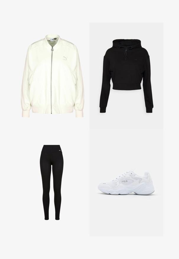 Veste bomber crème avec une fermeture éclair à l'avant, des poignets et un ourlet côtelés, et un logo discret sur la poitrine. Texture douce et coupe décontractée.; Even&Odd active by Zalando Sweat à capuche - black; Leggings Noirs avec une taille haute, tissu extensible, texture lisse et un design ajusté, adaptées pour un usage décontracté ou sportif.; Baskets blanches avec une tige en mesh texturé, un col rembourré et une semelle épaisse. Présente un logo sur le côté et un système de laçage.