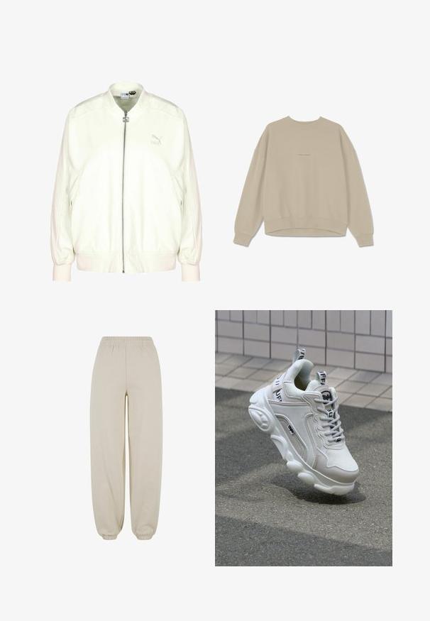 Veste bomber crème avec une fermeture éclair à l'avant, des poignets et un ourlet côtelés, et un logo discret sur la poitrine. Texture douce et coupe décontractée.; Sweatshirt beige en coton doux, avec un col rond, des épaules tombantes et des poignets côtelés, ornée du mot "PEGAADOR" brodé sur le devant.; Pantalon décontracté beige avec taille et poignets élastiques, présentant une coupe ample et une texture de tissu lisse.; Sneaker blanc en matériaux mesh et cuir, bout arrondi, semelle épaisse, lacets proéminents et marqué au talon et sur la languette.
