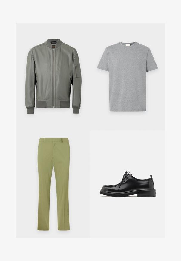 Blouson aviateur en cuir vert foncé avec fermeture éclair à l'avant, poignets et col côtelés. Comprend des poches latérales et une poche sur le bras avec fermeture éclair.; T-shirt en coton gris avec un col rond, des manches courtes et un petit logo sur la poitrine gauche. Design et texture simples et classiques.; Pantalon slim vert olive avec passants de ceinture, fermeture éclair à l'avant et jambes droites, posé à plat sur un fond clair.; Calvin Klein LACE UP APRON BRUSH OFF - Derbies - black