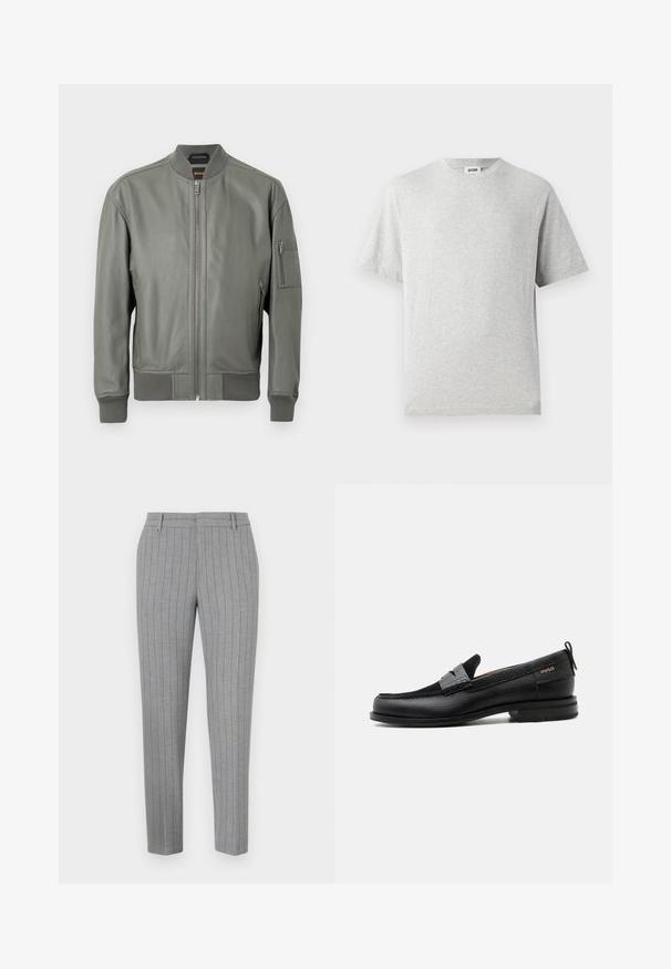 Blouson aviateur en cuir vert foncé avec fermeture éclair à l'avant, poignets et col côtelés. Comprend des poches latérales et une poche sur le bras avec fermeture éclair.; T-shirt gris à manches courtes en tissu doux. Il présente un col rond, une coupe décontractée, et ne comporte ni motifs ni logos. Texture lisse sur l'ensemble.; Pantalon gris à fines rayures avec une coupe ajustée, devant plat et poches latérales. Confectionné dans un tissu lisse avec un léger éclat.; Mocassin en cuir noir avec détail de bride grise, talon bas et semelle texturée, marqué "HUGO" en or sur le côté.