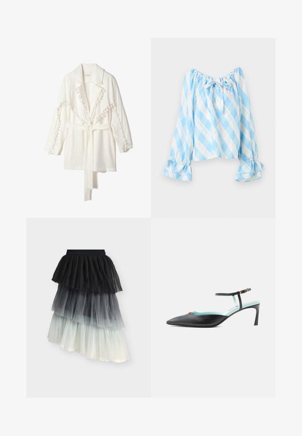 Hvid letvægtsjakke med krave, prydet med tekstureret pom-pom kant langs kanterne og et matchende bælte til lukning. Lange ærmer.; Lyseblå og hvide ternet off-shoulder bluse med lange pufærmer, flæsekantede manchetter og en bindebånd i halsudskæringen.; Laginddelt plisseret nederdel med lagdelt tylstof i sort, grå og hvid gradient, med elastik i taljen.; Sort spids tå hælsko med ankelrem, guldbeslag og lyseblåt inderfoer, vist i sideprofil på hvid baggrund.