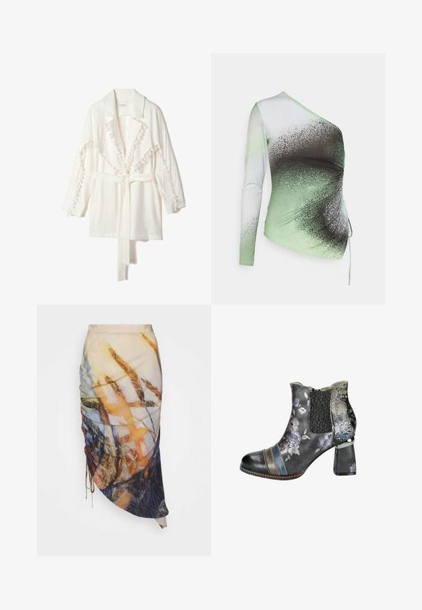 Hvid letvægtsjakke med krave, prydet med tekstureret pom-pom kant langs kanterne og et matchende bælte til lukning. Lange ærmer.; Elleme ONE SHOULDER - Langærmet T-shirt - light green/white; Materiel DIAGONAL GATHERED SKIRT - Pencil skirt - golden hour; Sort ankelstøvle med blomstermønster, strækbart sidepanel og blokhæl. Har multicolor striber og dekorativ syning.