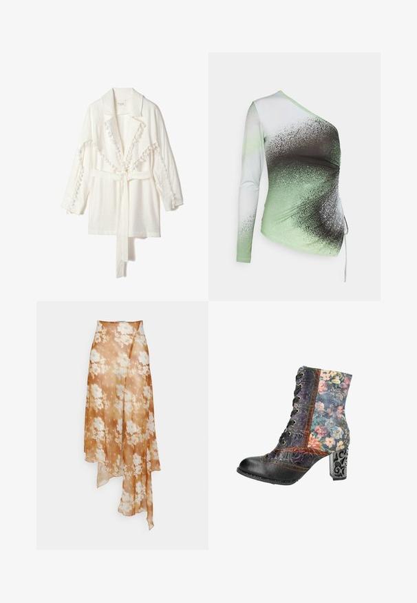 Hvid letvægtsjakke med krave, prydet med tekstureret pom-pom kant langs kanterne og et matchende bælte til lukning. Lange ærmer.; Elleme ONE SHOULDER - Langærmet T-shirt - light green/white; Ioannes SHAWL SKIRT - A-snit nederdel - sprayed lace ochre; Snørebåndsankelstøvle med en sort læder tå og hæl, blomsterstof på overdelen og en skulptureret metalhælsko med intrikate detaljer.