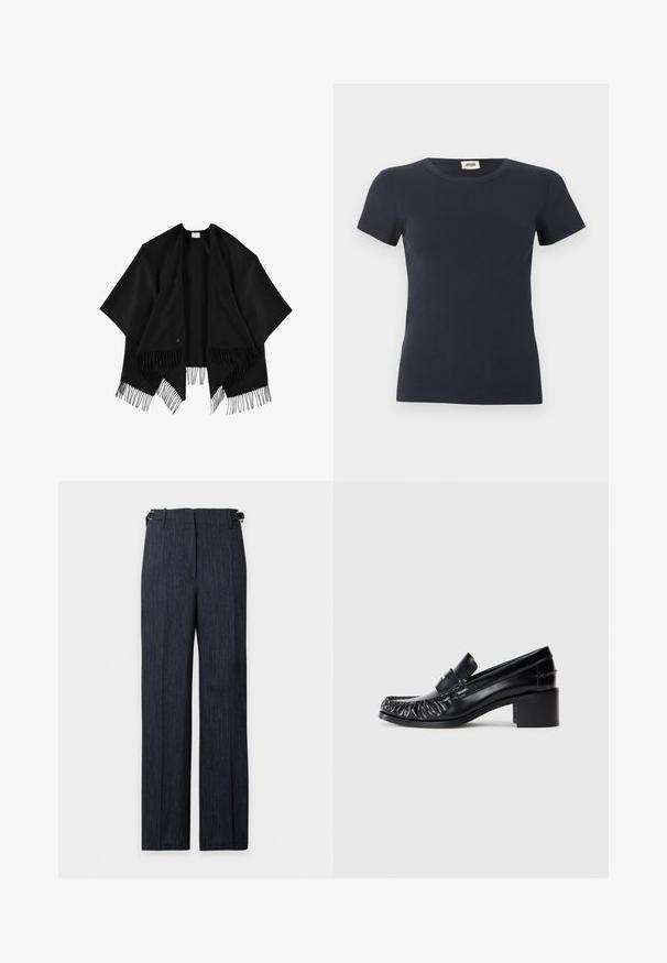 Châle noir en tissu doux, avec un avant ouvert et un ourlet frangé. Le design est rectangulaire avec des manches amples et fluides.; T-shirt bleu marine à manches courtes en maille côtelée avec col rond et étiquette Drykorn à l'intérieur du col arrière.; Pantalon droit bleu marine à fines rayures avec boucles de réglage latérales, présenté à plat sur fond blanc.; Mocassins en cuir noir avec un devant froncé, bout rond et un talon carré. Présentent une bande décorative et des détails de couture le long des bords.