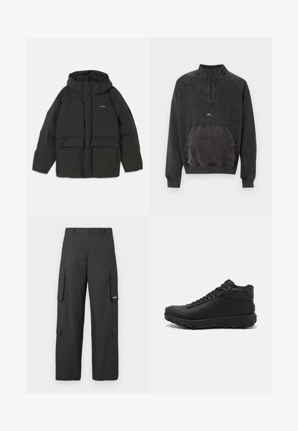 Veste matelassée noire avec capuche. Dispose d'une fermeture éclair à l'avant, de deux grandes poches avant et d'une texture lisse et matelassée. Logo sur la poitrine.; Sweat-shirt noir délavé à demi-fermeture éclair, poche kangourou, poignets et ourlet côtelés, avec petit logo « A C W » sur la poitrine.; Pantalons cargo noirs à jambes droites avec poches latérales à rabat, fermeture à bouton, passants de ceinture et petit logo blanc sur le rabat de la poche droite.; Baskets montantes noires en cuir texturé, avec une semelle en caoutchouc épaisse dotée de motifs de traction et un design à lacets. Accent rouge sur la languette.