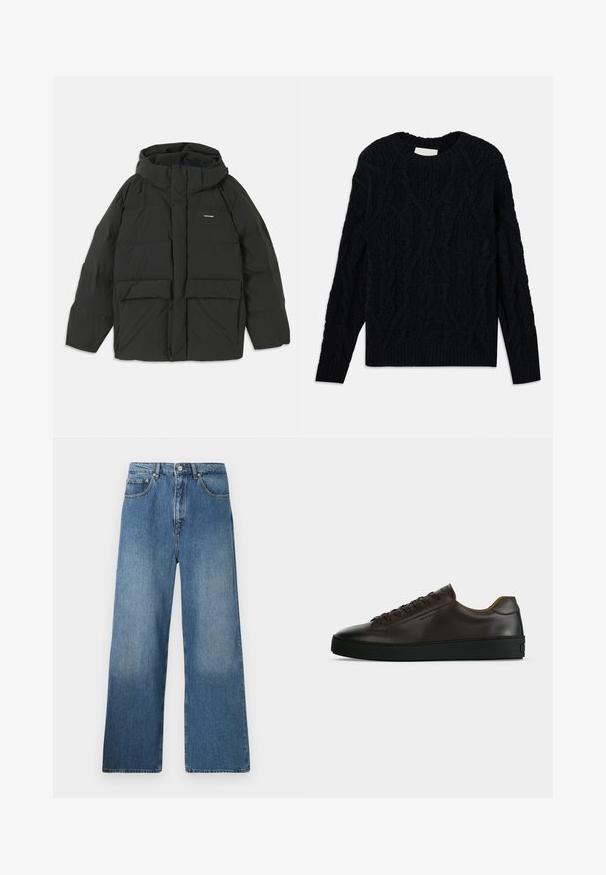 Veste matelassée noire avec capuche. Dispose d'une fermeture éclair à l'avant, de deux grandes poches avant et d'une texture lisse et matelassée. Logo sur la poitrine.; Pull en tricot cablé bleu marine foncé avec un col rond, un motif texturé et des bords côtes aux hanches et aux poignets. Fabriqué en tissu épais.; Jean en denim bleu à jambes évasées avec un design classique à cinq poches, fermeture à bouton à l'avant et légères décolorations pour ajouter de la texture.; Baskets basses en cuir marron foncé avec semelle en caoutchouc noire, lacets à l'avant et design minimaliste épuré sur fond clair.
