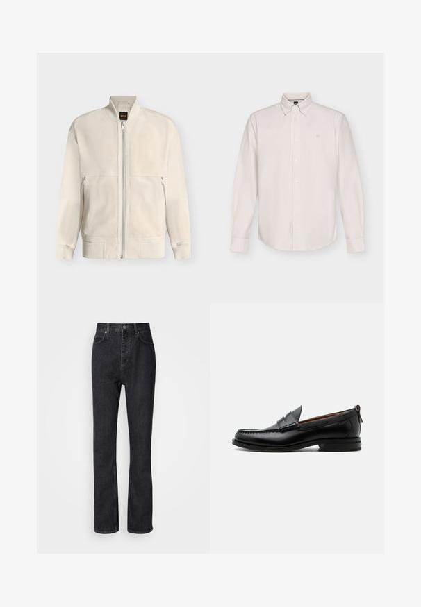 Veste bomber beige clair à fermeture éclair, avec col, poignets et ourlet côtelés, dotée de deux poches latérales zippées et d'une petite étiquette noire à l'intérieur du col.; Chemise blanche à manches longues avec fines rayures verticales, boutonnée à l'avant, col boutonné et logo discret sur la poitrine.; Jean en denim noir taille haute avec fermeture à bouton et à glissière, poches avant et arrière, et coupe droite.; Mocassin homme en cuir noir avec couture moc toe, bride penny, col texturé et petit talon empilé sur fond blanc.