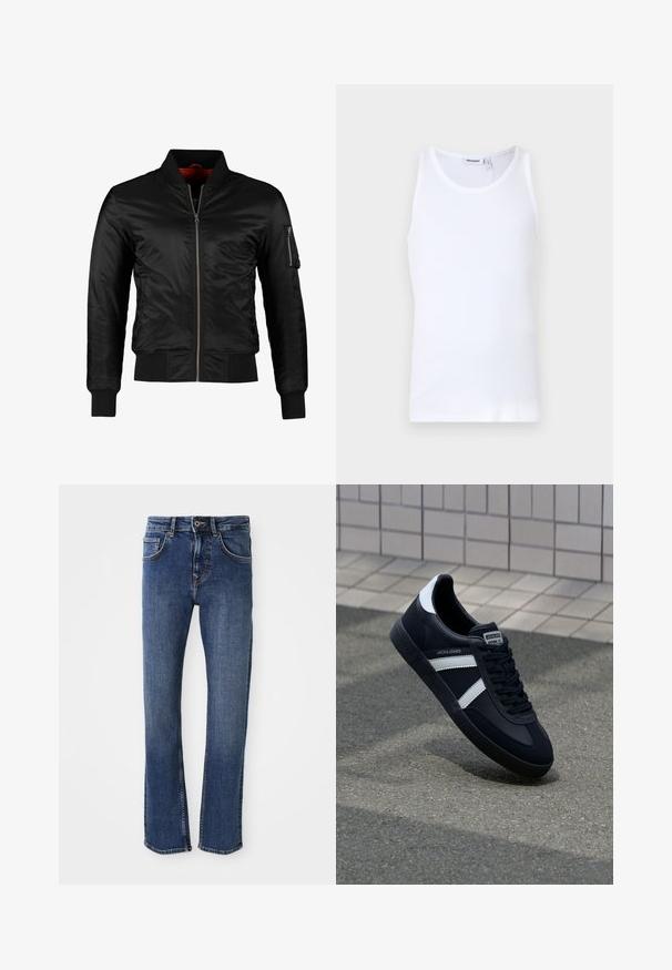 Veste bomber noire en nylon brillant avec une fermeture éclair à l'avant, des poignets côtelés et une poche zippée sur la manche gauche. L'intérieur est de couleur rouge vif.; Débardeur en coton blanc avec un col rond et des bretelles larges. Texture lisse, sans motifs, design épuré et étiquette de marque au niveau du col.; Jean en denim bleu clair avec une coupe droite, style cinq poches et fermeture à bouton en métal. Présente des coutures discrètes et une texture lisse.; Sneaker en cuir noir avec des rayures blanches, semelle en caoutchouc texturée et devant à lacets. Présente une étiquette de marque sur la languette.