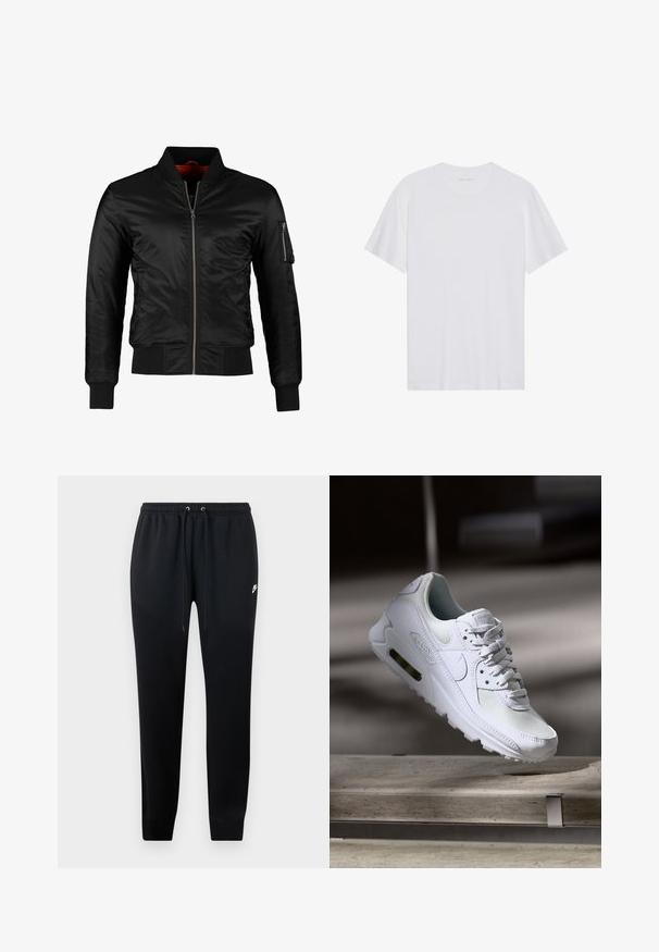 Veste bomber noire en nylon brillant avec une fermeture éclair à l'avant, des poignets côtelés et une poche zippée sur la manche gauche. L'intérieur est de couleur rouge vif.; T-shirt en coton blanc à manches courtes, col rond et texture lisse. Présente un branding minimal au niveau du col.; Un pantalon de jogging noir en tissu doux, avec une taille élastique et des cordons de serrage, des chevilles resserrées, et un petit logo sur le côté.; Sneaker Nike Air Max 90 blanche avec une tige en mesh et cuir, une boîte à orteils perforée et une unité air visible au talon.