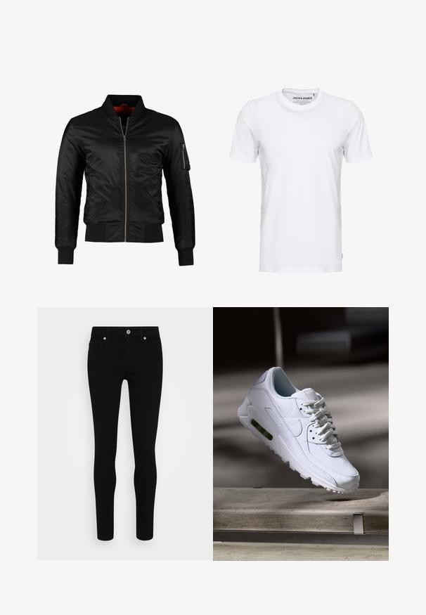 Veste bomber noire en nylon brillant avec une fermeture éclair à l'avant, des poignets côtelés et une poche zippée sur la manche gauche. L'intérieur est de couleur rouge vif.; T-shirt blanc à manches courtes en coton, avec un col rond et un design simple. Étiquette de marque visible au niveau du cou. Aucun motif ni accent.; Jean skinny noir avec une texture lisse, conception à cinq poches, fermeture à bouton sur le devant et silhouette épurée. Style minimaliste sans motifs visibles.; Baskets blanches en cuir avec des surfaces texturées, un col rembourré et un amorti d'air visible dans la semelle. Elles possèdent des lacets et un design minimaliste.