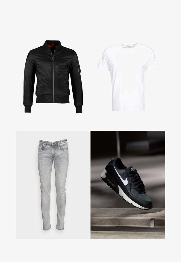 Veste bomber noire en nylon brillant avec une fermeture éclair à l'avant, des poignets côtelés et une poche zippée sur la manche gauche. L'intérieur est de couleur rouge vif.; T-shirt en coton blanc avec un col rond et des manches courtes, au fit classique et à la texture lisse. Aucun motif ni accessoire visible.; Jean en denim gris ajusté avec cinq poches, une braguette à boutons et des coutures contrastées. Le tissu a un aspect légèrement délavé et texturé.; Baskets Nike Air Max noires et grises avec un logo blanc, suspendues au-dessus d'une surface en béton sur un fond sombre flou.