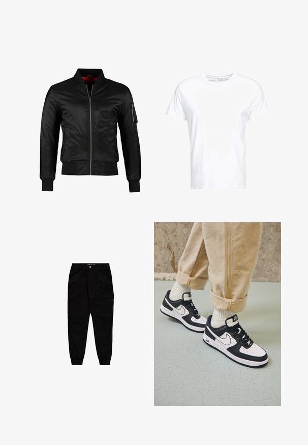 Veste bomber noire en nylon brillant avec une fermeture éclair à l'avant, des poignets côtelés et une poche zippée sur la manche gauche. L'intérieur est de couleur rouge vif.; T-shirt en coton blanc avec un col rond et des manches courtes, au fit classique et à la texture lisse. Aucun motif ni accessoire visible.; Pantalons cargo noirs en coton, dotés de deux poches avant et de deux poches cargo sur les côtés, avec des poignets et une taille élastiqués.; Baskets Nike Air Force 1 en noir et blanc avec un dessus en cuir, orteil perforé et détail de semelle texturée, portées avec un pantalon beige retroussé et des chaussettes blanches.