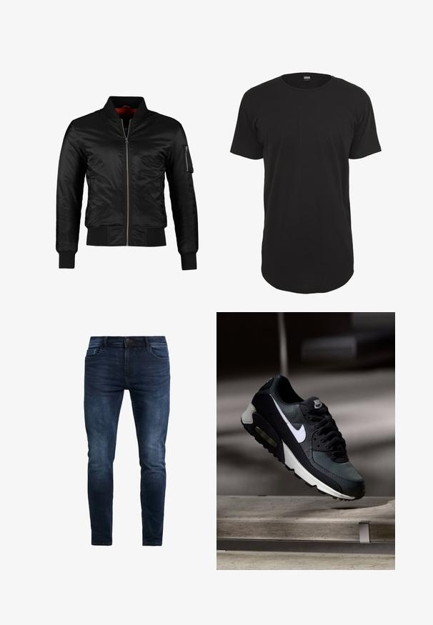 Veste bomber noire en nylon brillant avec une fermeture éclair à l'avant, des poignets côtelés et une poche zippée sur la manche gauche. L'intérieur est de couleur rouge vif.; T-shirt noir à manches courtes en coton. Présente un col rond et une coupe droite avec un ourlet arrière légèrement plus long. Texture douce.; Jeans en denim bleu foncé ajustés, avec des détails de couture, un bouton à l'avant et cinq poches pour le rangement.; Baskets Nike Air Max noires et grises avec un logo blanc, suspendues au-dessus d'une surface en béton sur un fond sombre flou.