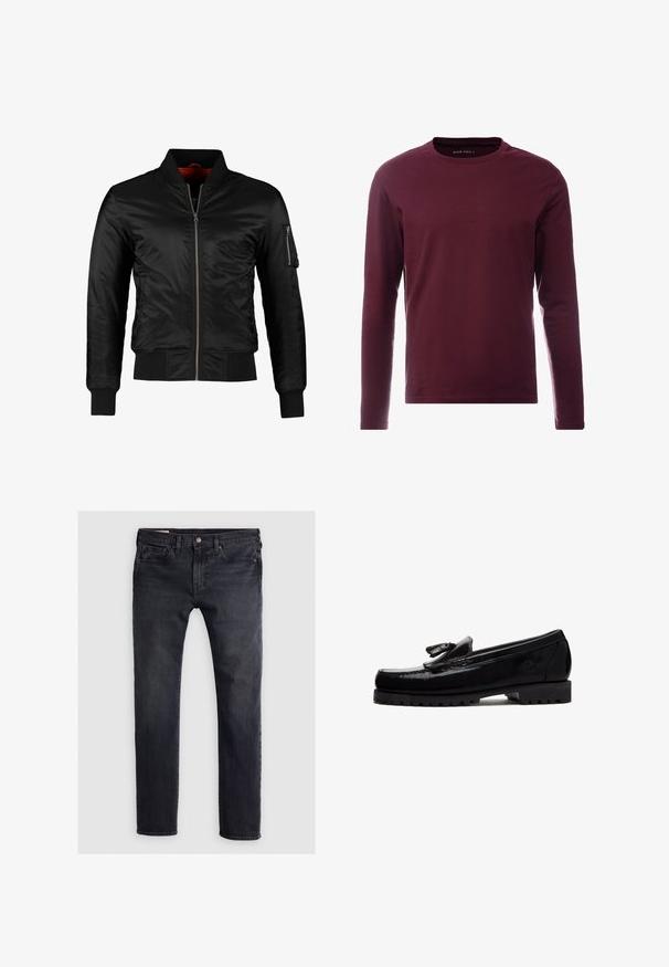 Veste bomber noire en nylon brillant avec une fermeture éclair à l'avant, des poignets côtelés et une poche zippée sur la manche gauche. L'intérieur est de couleur rouge vif.; T-shirt à manches longues en coton bordeaux profond, design à col rond, texture lisse et sans motifs ni accents visibles.; Jean en denim bleu foncé avec une coupe droite, présentant une fermeture par bouton à l'avant, un design à cinq poches et des zones légèrement décolorées.; Mocassin en cuir noir avec détail de pompon, semelle épaisse et robuste, et logo embossé sur le côté, présenté de profil sur fond blanc.