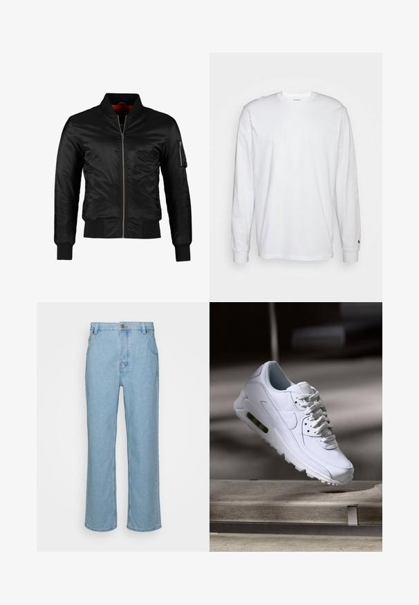 Veste bomber noire en nylon brillant avec une fermeture éclair à l'avant, des poignets côtelés et une poche zippée sur la manche gauche. L'intérieur est de couleur rouge vif.; T-shirt blanc à manches longues en coton. Design à col rond avec des poignets côtelés et un petit logo sur la manche gauche. Texture lisse.; Jeans en denim bleu clair avec une coupe droite, dotés d'une fermeture à bouton, de passants de ceinture et de deux poches avant.; Baskets blanches en cuir avec des surfaces texturées, un col rembourré et un amorti d'air visible dans la semelle. Elles possèdent des lacets et un design minimaliste.