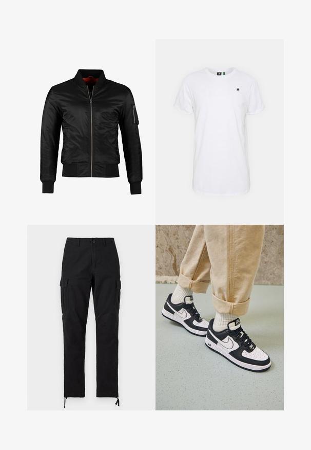 Veste bomber noire en nylon brillant avec une fermeture éclair à l'avant, des poignets côtelés et une poche zippée sur la manche gauche. L'intérieur est de couleur rouge vif.; T-shirt en coton blanc avec un col rond, des manches courtes et un petit logo noir sur la poitrine. Design simple et décontracté.; Pantalon cargo noir à jambe droite avec bouton et zip à l'avant, poches latérales à rabat, passants de ceinture, et cordons de serrage réglables aux chevilles.; Baskets Nike Air Force 1 en noir et blanc avec un dessus en cuir, orteil perforé et détail de semelle texturée, portées avec un pantalon beige retroussé et des chaussettes blanches.