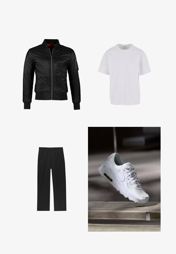 Veste bomber noire en nylon brillant avec une fermeture éclair à l'avant, des poignets côtelés et une poche zippée sur la manche gauche. L'intérieur est de couleur rouge vif.; T-shirt blanc uni à manches courtes et col rond, présenté sur un fond blanc, taille M visible sur l'étiquette intérieure.; Pantalons noirs au design droit, fabriqués à partir d'un tissu lisse. Dotés de plis sur le devant et d'une fermeture à un bouton à la taille.; Sneaker Nike Air Max 90 blanche avec une tige en mesh et cuir, une boîte à orteils perforée et une unité air visible au talon.