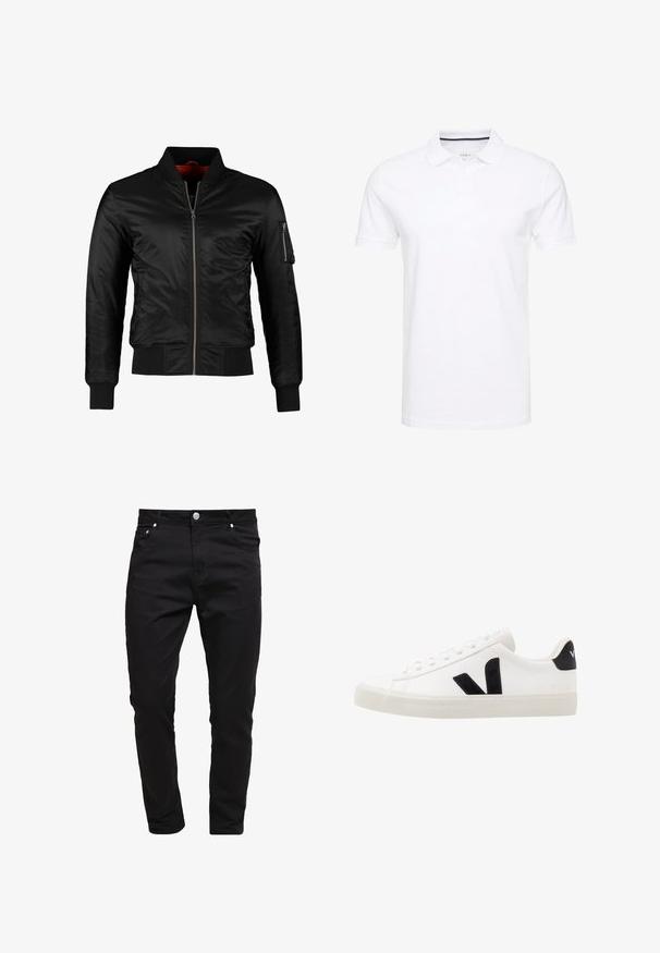 Veste bomber noire en nylon brillant avec une fermeture éclair à l'avant, des poignets côtelés et une poche zippée sur la manche gauche. L'intérieur est de couleur rouge vif.; Polo shirt blanc en coton, avec un col traditionnel, des manches courtes et une patte de boutonnage à trois boutons, avec des accents navy discrets à l'intérieur.; Jean noir en tissu denim, design slim fit, style à cinq poches, fermeture à bouton métallique, avec des détails de couture et une texture lisse.; Sneaker blanche en cuir avec des accents en daim noir ; dispose d'une semelle en caoutchouc, d'un bout rond et d'un design classique à lacets. Logo latéral en noir.