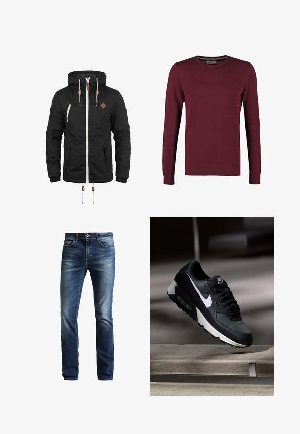 Veste noire à capuche avec fermeture éclair blanche et cordons, deux poches avant avec boutons et un petit patch carré marron sur la poitrine.; Pull en jersey bordeaux avec un col rond, fabriqué en tissu lisse, doté de manches longues et de poignets et ourlet côtelés pour une texture supplémentaire.; Jeans en denim bleu foncé avec un lavage délavé, coupe droite, design à cinq poches et fermeture à bouton argenté. Présente des coutures contrastées.; Baskets Nike Air Max noires et grises avec un logo blanc, suspendues au-dessus d'une surface en béton sur un fond sombre flou.
