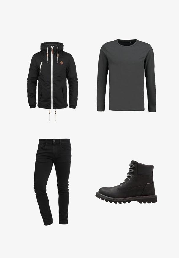 Chaqueta negra con capucha, cremallera blanca y cordones, dos bolsillos delanteros con botones y un pequeño parche cuadrado marrón en el pecho.; Camiseta de manga larga en algodón gris oscuro, con cuello redondo, corte recto y textura suave, sin patrones ni acentos.; Vaqueros ajustados negros con bolsillos frontales, presillas para cinturón, cierre de botón y ligera arruga a lo largo de las piernas.; Las botas impermeables negras cuentan con un diseño robusto, material de cuero, acentos de costura y una suela de goma resistente con dibujos profundos para tracción.
