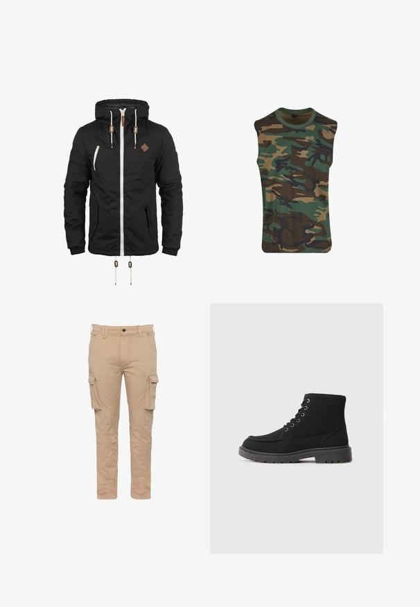 Chaqueta negra con capucha, cremallera blanca y cordones, dos bolsillos delanteros con botones y un pequeño parche cuadrado marrón en el pecho.; Camiseta sin mangas de camuflaje hecha de tejido suave, con un patrón de camuflaje en verde, marrón y negro; cuello redondo y corte relajado.; Schott 0 - Pantalones cargo - beige; Botines negros de ante y material sintético. Punta redondeada, seis ojales con cordones metálicos, suela gruesa de goma y detalles de texto mínimos.