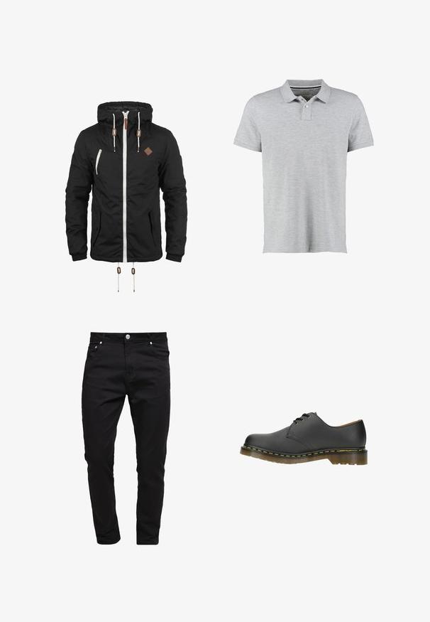 Veste noire à capuche avec fermeture éclair blanche et cordons, deux poches avant avec boutons et un petit patch carré marron sur la poitrine.; Polo gris à manches courtes, en tissu doux, avec un col à côtes subtil et une patte de boutonnage à deux boutons.; Jean noir en tissu denim, design slim fit, style à cinq poches, fermeture à bouton métallique, avec des détails de couture et une texture lisse.; Chaussure en cuir noir à lacets avec un bout rond, texture lisse et coutures jaunes le long de la semelle. Présente une semelle en caoutchouc transparente et robuste.