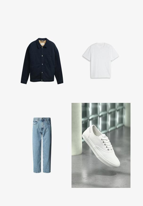 Donkere spijkerjas met kraag, knoopsluiting aan de voorkant, één borstzak en een gestructureerde tan voering. Heeft een losse pasvorm.; Effen wit T-shirt met korte mouwen en ronde hals, plat gelegd op een witte achtergrond.; Lichtblauwe denim jeans met een relaxte pasvorm, voorzien van een hoge taille, contrasterende stiksels en subtiele slijtage aan de voorkant.; Witte lage canvas sneaker met veters, met label Tommy Hilfiger, getoond zwevend boven een gladde grijze vloer nabij een muur van glasblokken.