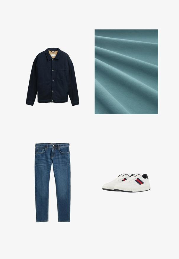 Donkere spijkerjas met kraag, knoopsluiting aan de voorkant, één borstzak en een gestructureerde tan voering. Heeft een losse pasvorm.; Turquoise stof met een gladde, zachte textuur, met subtiele plooien en een consistent breipatroon overal.; Donkerblauwe denim jeans met een rechte pijp, vijf zakken en zichtbare stiksels langs de naden. Voorzien van een rits en een logo-label.; TOM TAILOR Sneakers laag - white navy