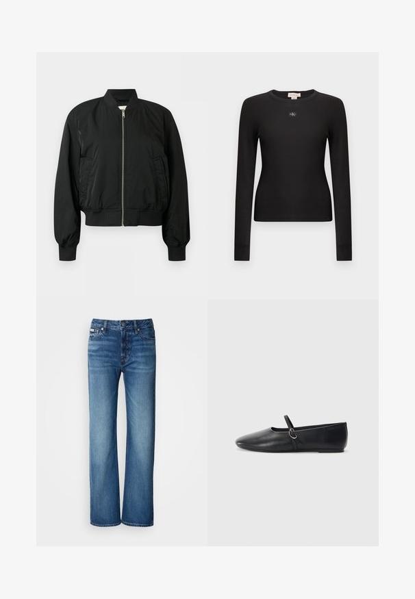 Blouson aviateur noir avec fermeture éclair frontale, col, poignets et ourlet côtelés, ainsi que deux poches latérales, sur fond uni.; Haut noir à manches longues en tissu côtelé avec un col rond et un petit logo CK au centre. Présente une coupe ajustée et une texture douce.; Jean en denim bleu clair à jambes larges ; présente une fermeture à bouton, des poches avant et un motif de dégradé subtil sur le tissu.; Ballerines noires en cuir avec un bout pointu, une semelle plate et une petite sangle avec un détail de boucle en argent.