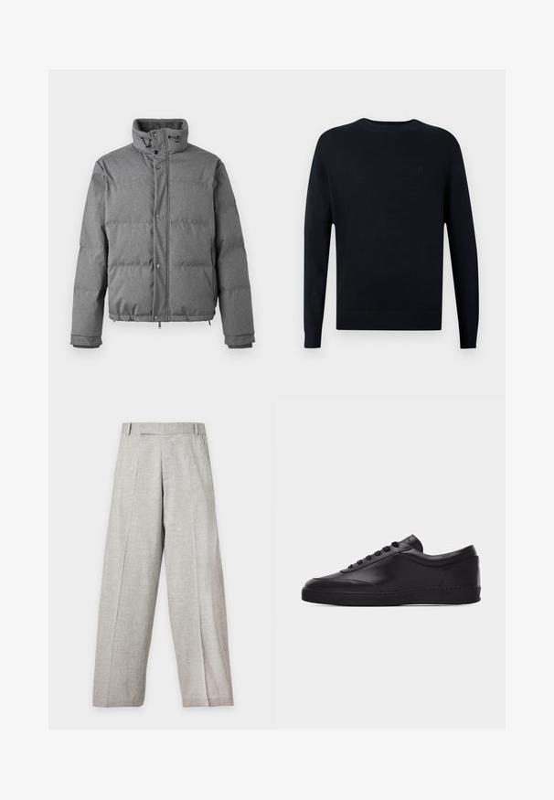 Iceberg PIUMINO - Dunjakker - grigio scuro; Marineblå langærmet sweater lavet af strikket stof med rund halsudskæring og ribbede manchetter. Har et subtilt logo på brystet.; Lysegrå bukser med vide ben, forreste plisseringer, bæltestropper og lige snit, vist mod en ensfarvet hvid baggrund.; Sort lavtstående lædersneaker med snørebånd foran og flad gummisål, vist fra siden på en ensartet hvid baggrund.