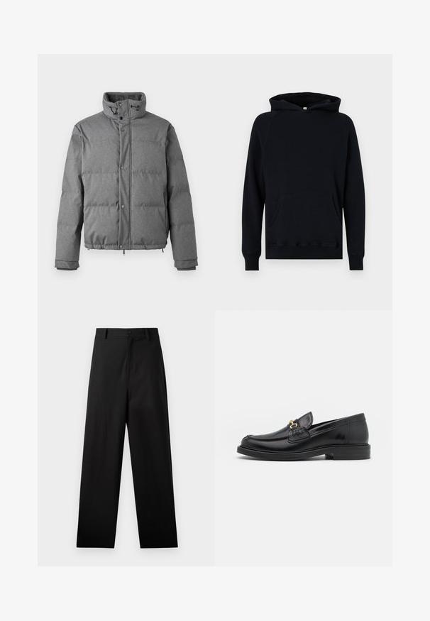 Iceberg PIUMINO - Daunenjacke - grigio scuro; Schwarzer Baumwollhoodie mit einer Kängurutasche, langen Ärmeln und einer Kapuze mit Kordelzug. Rippenbündchen und -saum, strukturierter Stoff. Klassische Passform.; Schwarze Baumwollhosen mit geradem Bein, ausgestattet mit einem vorderen Knopfverschluss und Seiten Taschen. Glatte Textur, keine Muster.; Schwarze Lederleter mit einer abgerundeten Zehenpartie, ausgestattet mit goldenen Hardwareakzenten und Stichdetails, auf einer niedrigen, strukturierten Gummisohle.