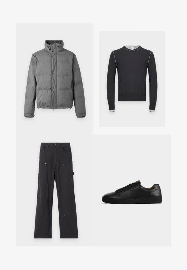 Iceberg PIUMINO - Dunjakker - grigio scuro; Sort langærmet sweater med hvid syning langs skuldrene og manchetterne, med rund halsudskæring og ribkant ved kant og manchetter.; Sorte cargo-bukser lavet af slidstærkt stof med lige ben-design, der har forlommer, trykknapper og side-nytte lommer.; Sort lavtopet læder-sneaker med sorte snørebånd, tekstureret gummisål og lille præget logo på siden, vist i profil mod grå baggrund.