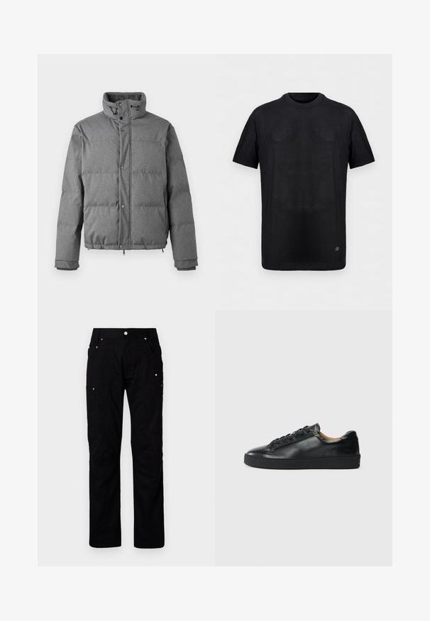 Iceberg PIUMINO - Down jacket - grigio scuro; Black short-sleeve ribbed knit T-shirt with crew neckline and small metal logo near the bottom hem on a plain background.; Black cargo pants made of durable fabric featuring multiple pockets, reinforced stitching, and metal accents for enhanced functionality.; Black leather sneaker with a smooth texture, round toe, and lace-up closure. Features a thick rubber sole and minimal branding detail.