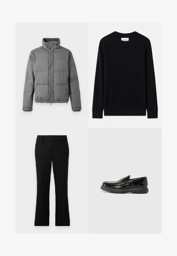 Iceberg PIUMINO - Dunjakker - grigio scuro; Sort ribbet sweater med rund halsudskæring, lange ærmer og strikket tekstur. Har en lige kant og en subtil brandinglabel indeni.; Sorte flagrende bukser lavet af en blanding af bomuldsstof, med knaplukning, bælteløkker og en glat tekstur uden synlige mønstre.; Sort læderloafer med en blank finish, rund tå, subtile syninger og en tyk gummisål for holdbarhed.