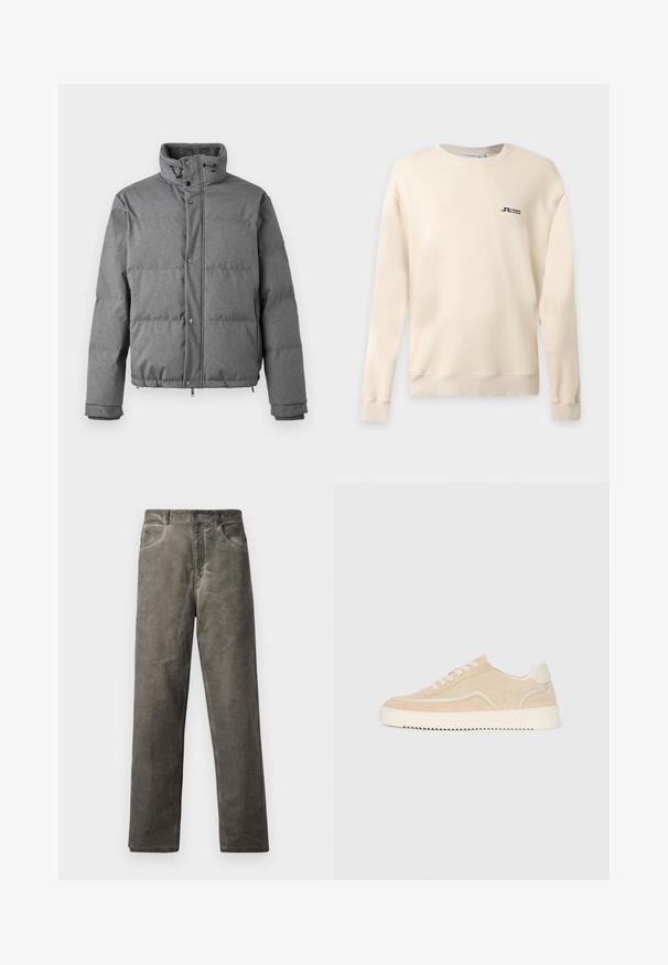 Iceberg PIUMINO - Doudoune - grigio scuro; Sweat-shirt à manches longues couleur crème avec poignets et ourlet côtelés, arborant un petit logo noir sur la poitrine gauche.; Pantalon gris à jambes droites en tissu de coton doux avec une texture lisse. Comprend des poches avant et une fermeture à bouton.; Baskets en daim beige avec semelle et lacets blancs, design basse, et motif de semelle en zigzag.