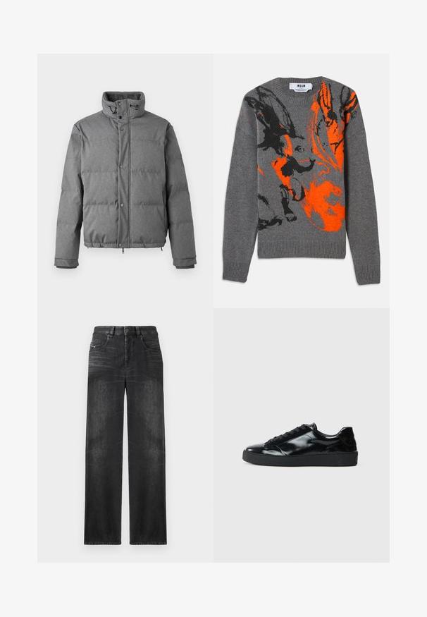 Iceberg PIUMINO - Dunjakker - grigio scuro; Grå strikket sweater med et kontrasterende orange og sort abstrakt design. Rund hals og ribbede manchetter og kant. Blød tekstur.; Sorte straight-leg jeans lavet af denim, med fem lommer, bæltestropper og subtil falmning på stoffet for tekstur.; Sorte laklæder sneakers med rund tå, snørredesign, tekstureret gummisål og en glat overflade.