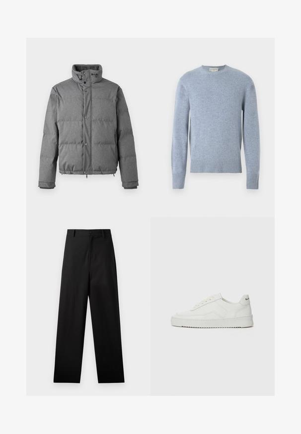Iceberg PIUMINO - Dunjakker - grigio scuro; Lysblå strikket sweater med rund hals, ribbede manchetter og kant. Fremstillet af blødt materiale, der har en glat overflade og en subtil finish.; Sorte bukser lavet af bomuld med lige ben-design, der har en frontknaplukning og sidelommer. Glat tekstur, ingen mønstre.; Hvide lædersneakers med en glat overflade, rund tå, flade snørebånd og en tekstureret sål. Har et diskret logo på hælen.