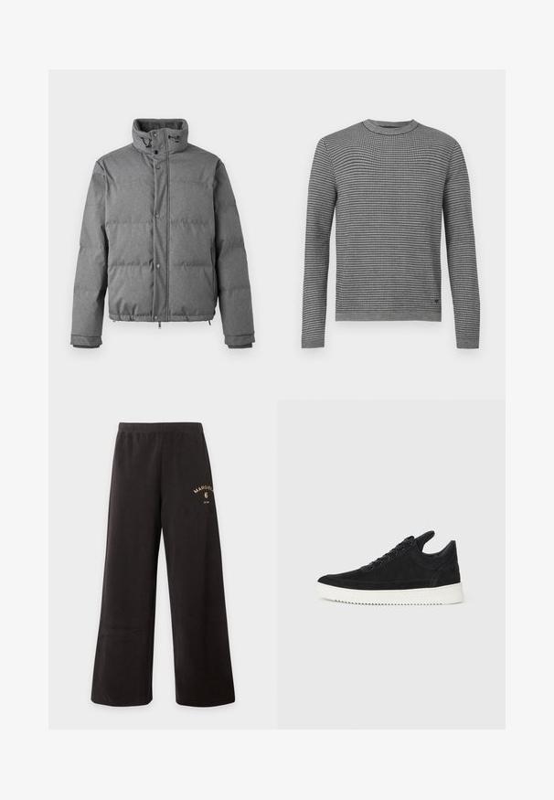 Iceberg PIUMINO - Doudoune - grigio scuro; Pull gris en maille avec motif en quadrillage, col rond et manches longues. Tissu texturé avec poignets et ourlet côtelés. Design simple.; Pantalon noir à jambes larges avec taille élastique et petit logo doré "Margiela 6" sur la partie supérieure de la cuisse gauche.; Baskets en daim noir avec une semelle en caoutchouc blanc, présentant des coutures tonales et un design lacé. Texture lisse avec une forme moderne et épurée.